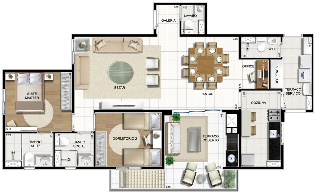 Planta 1:  Planta de 96,67m² com sala ampliada | 2 dormitórios