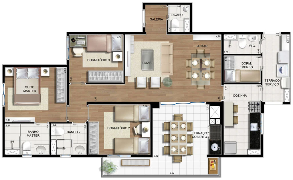 Planta 2: Planta de 96,67m² com 3 dormitórios sendo 1 suíte