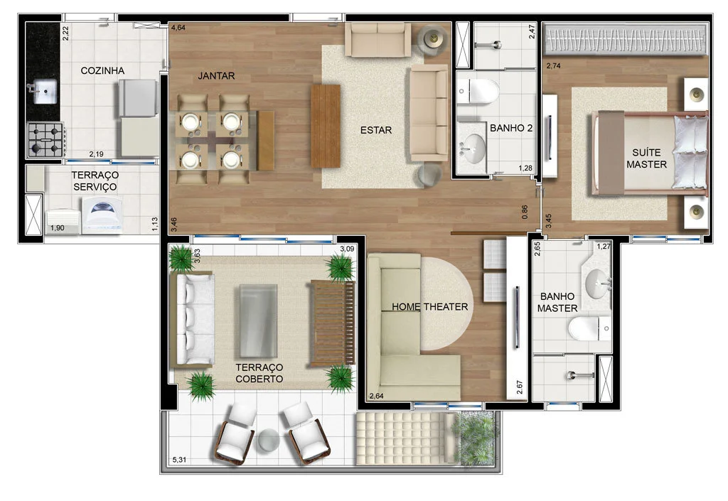 Planta 3: Planta de 68,18m² com 1 dormitório | sala ampliada | 1 suíte