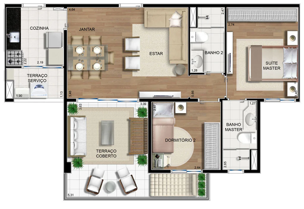 Planta 4: Planta de 68,18m² com 2 dormitórios | 1suíte