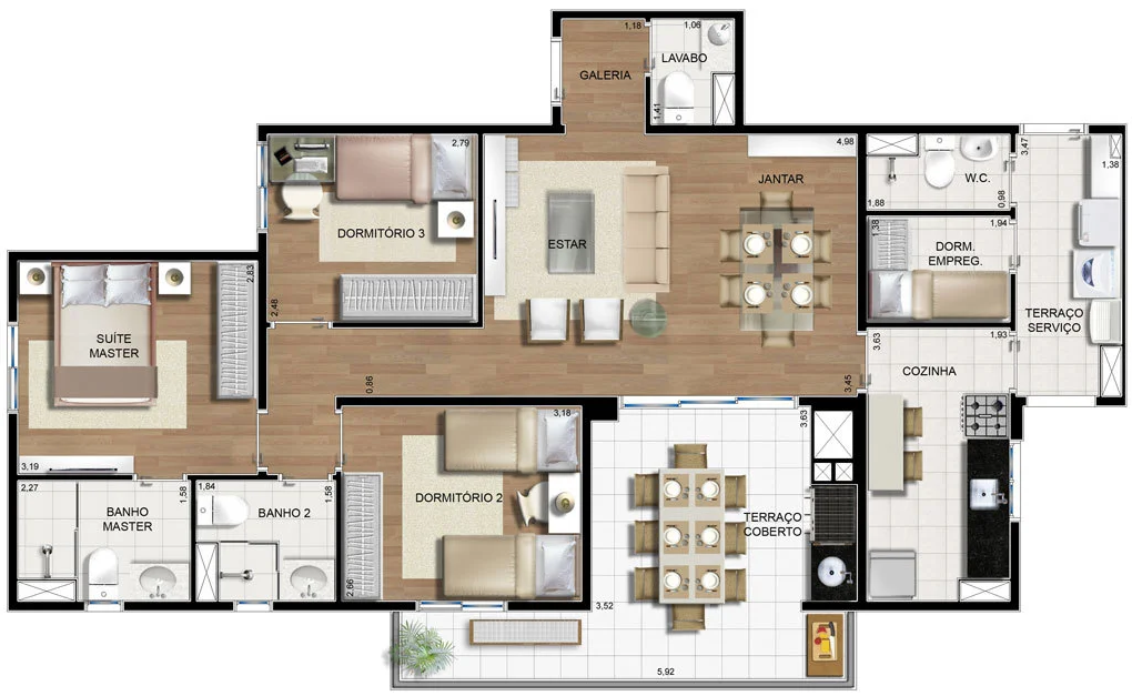 03 Dormitórios com planta padrão, 96,67 m²