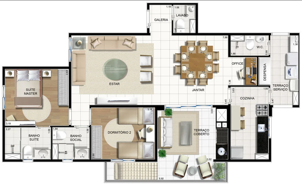 02 Dormitórios com sala estendida, 96,67 m²