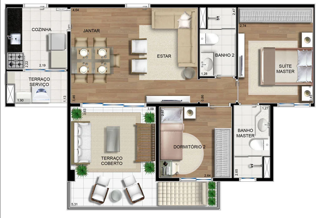 02 Dormitórios com planta padrão com 68,18 m²