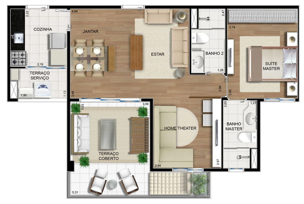 01 Dormitórios, Planta com sala estendida com 68,18 m²